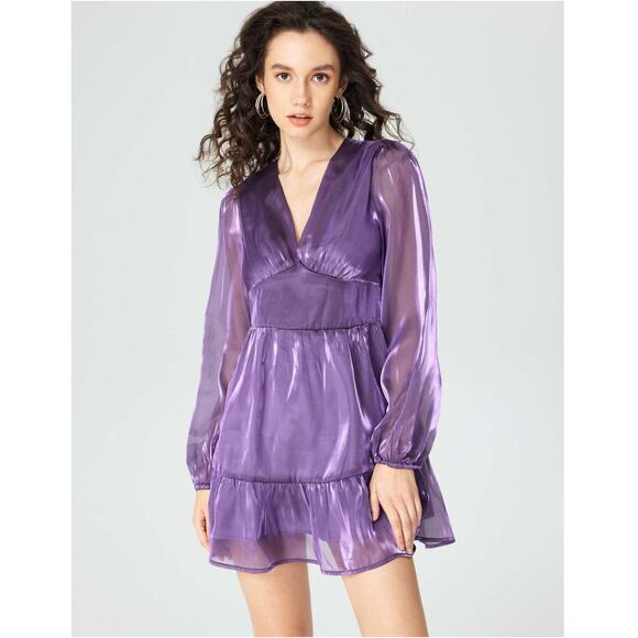 Cider Dress Solid Mesh V-Neck Mini Purple Shimmer Size Large NEW - Picture 1 of 7